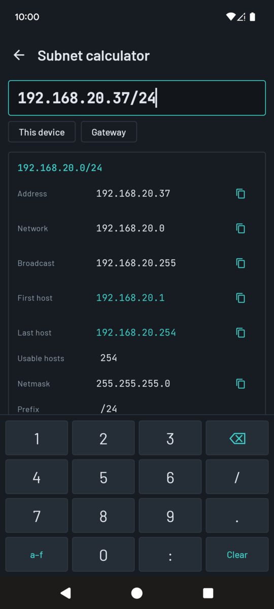 Subnet calculator for 192.168.20.0/24: network, broadcast, host range, usable hosts, netmask and the binary view